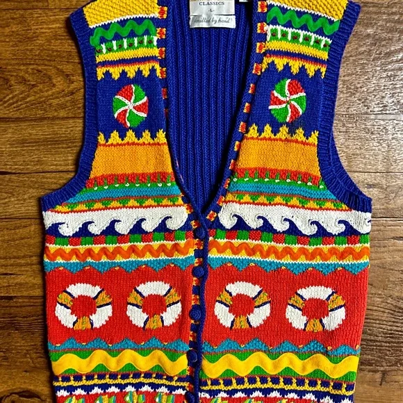 Marisa Christina ~ Large ~ Hand Knitted ~ Orange/Yellow/Blue ~ Ocean/Fish ~ Vest - Picture 4 of 16